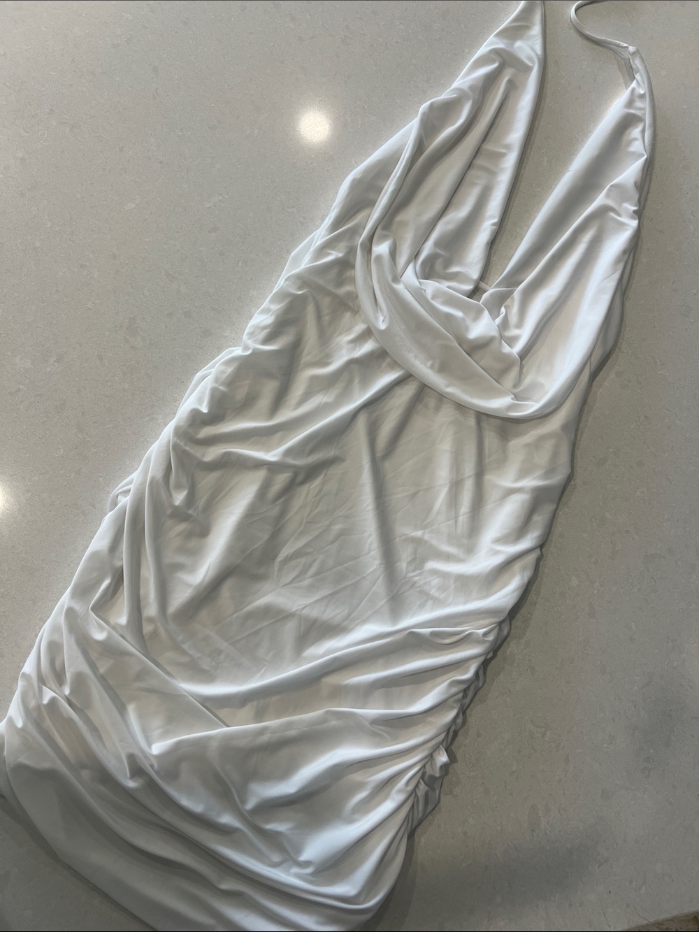 White Cowl Neck Ruched Halter Dress